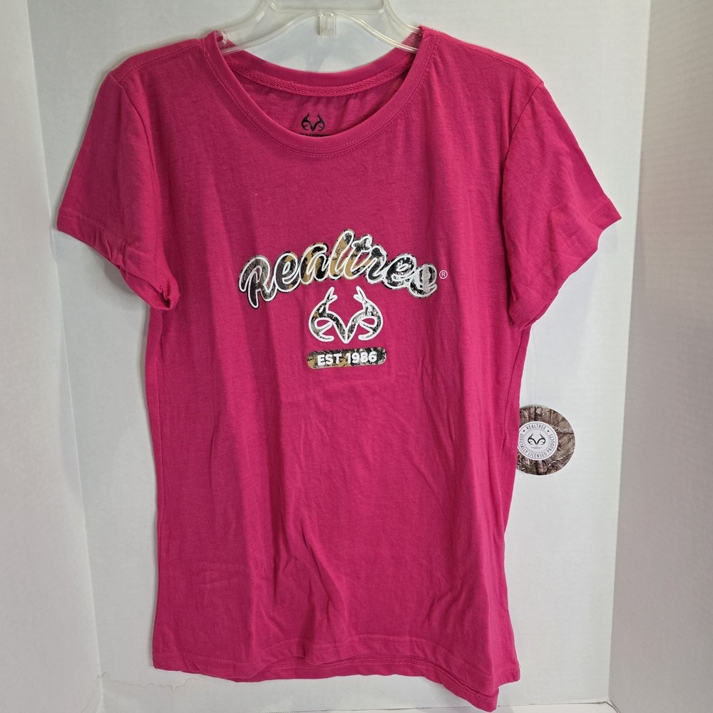 Realtree XLarge Tee Shirt Pink Camouflage Camo‎ Logo Women's Crew Neck New